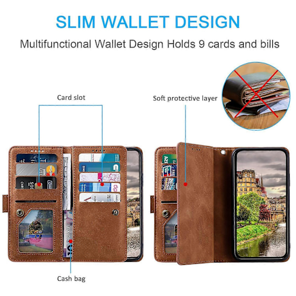 Xiaomi 14T Pro -kotelo PU-nahkaa, puhelinkuori vetoketjullisella lompakolla ja 9 korttipaikalla - Musta[HK] Brown Multicolor