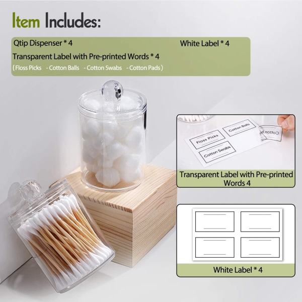 4-pack Qtip hållare dispensrar för bomullsbollar, bomullstussar, bomullsrondeller, tandtråd