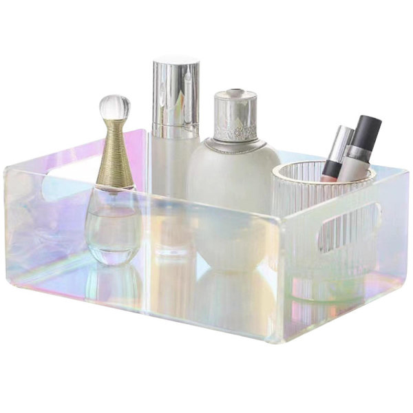 Iridescent akryl oppbevaringsboks med hul håndtak, kraftig, multifunksjonell, stor kapasitet, skrivebordsmakeup-skuff, kurv, arrangør, serviettholder [HK] A