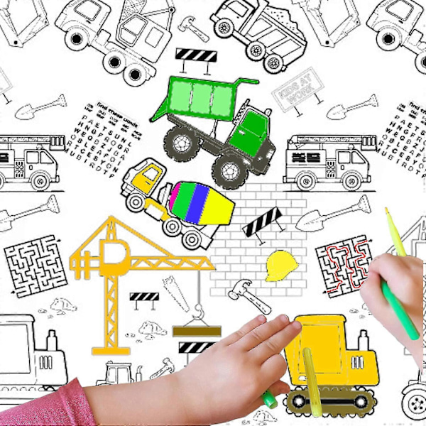 Malebogdug for børn, 137x274cm Kæmpe Maleplakat, Stor Maleborddug DIY Tegnebordsdækning Børn Håndværk Gaver Legetøj[HK] Construction Vehicle