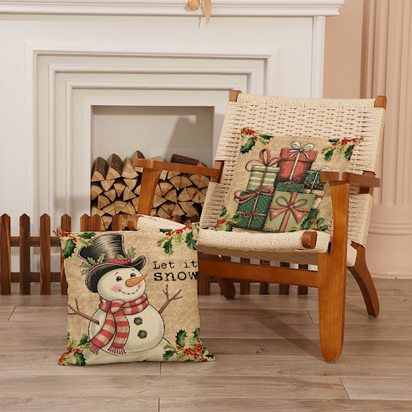 Sett med 4 Juleputetrekk i Retro Stil, Julefestdekorasjoner for Sofa, Soverom, Putesett ved Sengen
