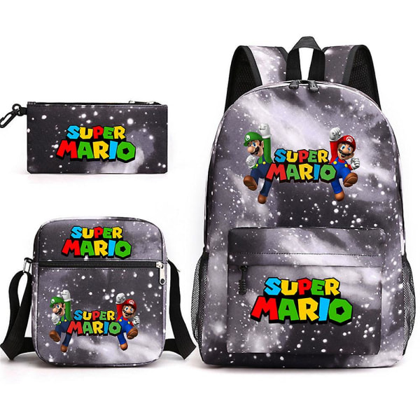 Super Mario Mario Kolmiosainen Koulureppu Piirretty Kuvioitu Canvas-reppu[HK] star gray