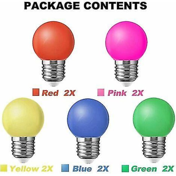 HK  Pakke med 10 E27 LED-fargepærer 1w fargerik pære 300lm energisparende fargelampe 360 vinkel, rød, gul, blå, grønn og rosa