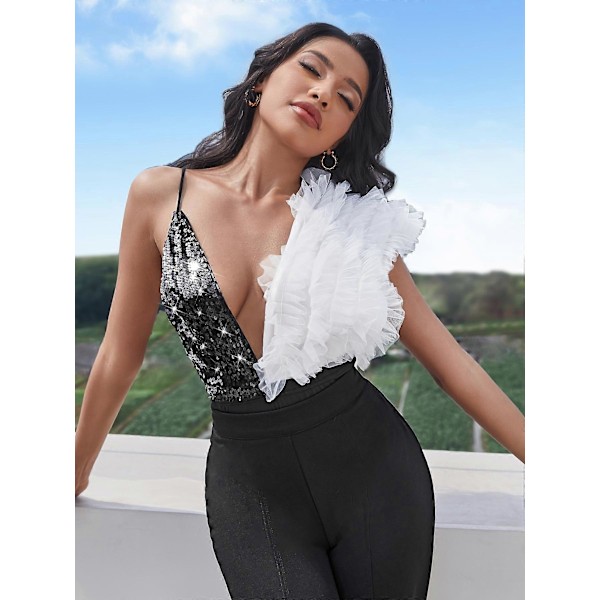 JUNGE Kontrast Paljett Volang Kant Djup Urringning Bodysuit, V-ringad Färgblock Party Clubwear Hel Bodysuits, Damkläder SZJG240306[HK] M(38) Dark Pink