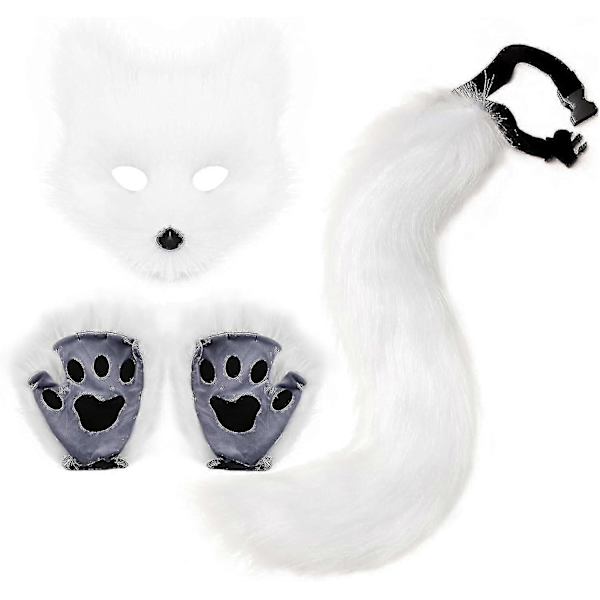 Konstgjord Pälsräv Svans Katt Varulv Cosplay Kostym Set Plysch Mask Fluffiga Tassar Handskar Halloween Jul[HK] White