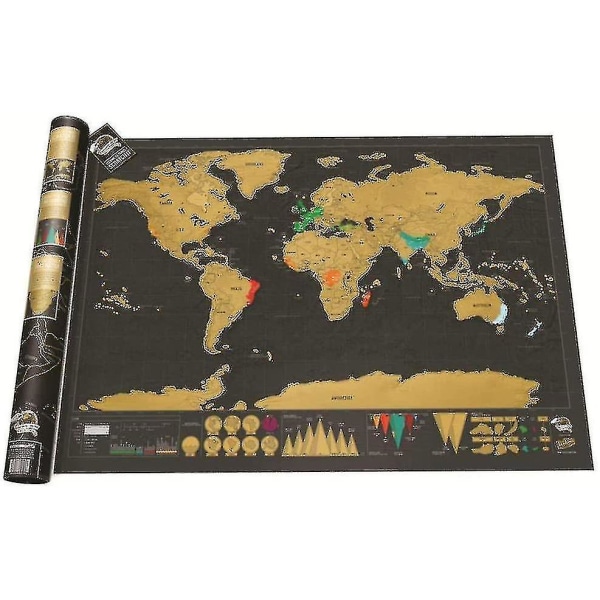 HKK Traveler's Scratch Off World Map - Svart och guld, 82 x 59 cm
