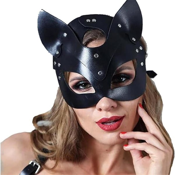 Kvinder Katte Mask Half Face Cats Mask Læder Katte Øre Mask Cosplay kostume tilbehør, sort([HK])