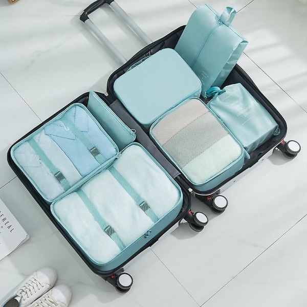 Eono 8 stk Pakkekuber for koffert Lett bagasjepakke Organiserer Pakkekuber for reisetilbehør - Beige[HK] Blue