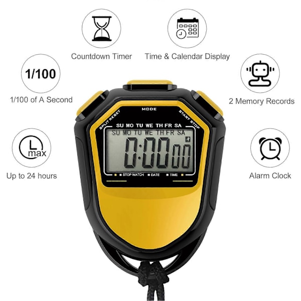 Vanntett Stoppeklokke Digital Håndholdt LCD Timer Kronograf Sportsteller med Stropp for Svømming Løping Fotballtrening[HK] Yellow
