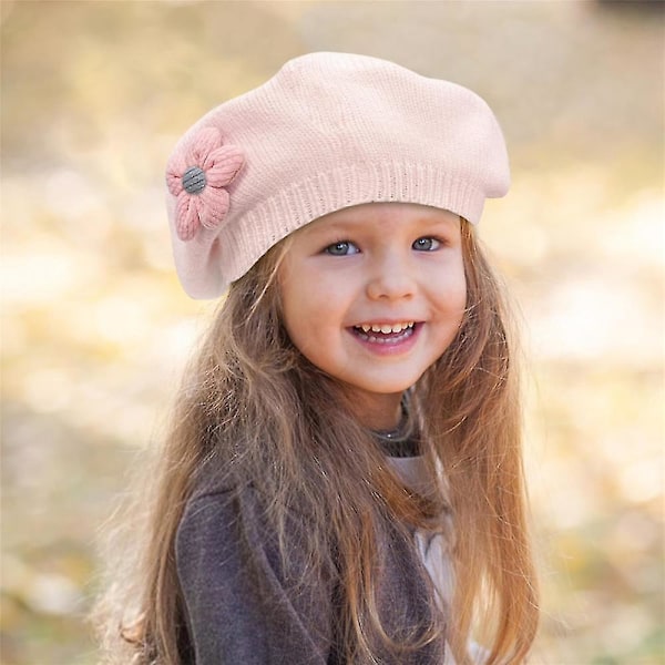Småbarn Baby Barn Flickor Enkla Vinter Franska Baskrar Hattar Med Blomma Bonnet Hatt Stickad Ull Konstnär Målarmössa[HK] Pink