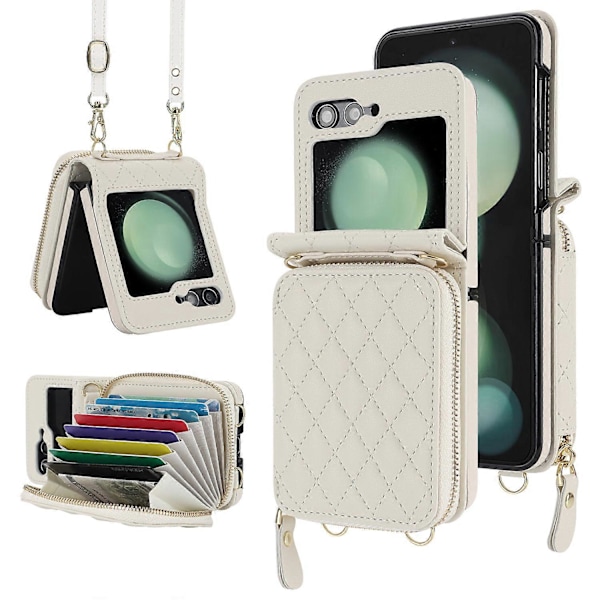 Plånboksfodral för Samsung Galaxy Z Flip 6 med korthållare och justerbar rem, Stöttåligt läderfodral av hög kvalitet [HK] For Galaxy Z Flip 6 White
