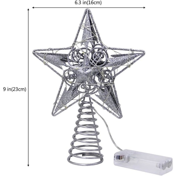 Star Tree Topper med 20 LED-lys, sølvbelyst trætop juletræsdekoration, 9 tommer (H)[HK] Silver
