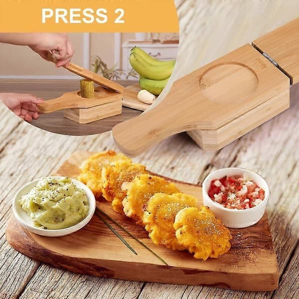2-i-1 Træ Plantainpresse til Sprøde Tostones og Friturestegte Plantainchips