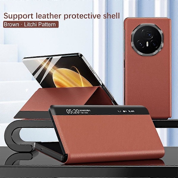 Honor Magic V3 5G -kotelo, ikkunallinen PU-nahkainen jalustallinen älypuhelinkotelo - Vihreä [HK] Brown Multicolor