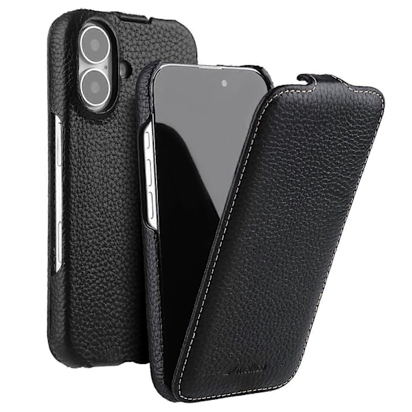 MELKCO Magnetiskt Fodral för iPhone 16 Vertikalt Flip Äkta Läder+PC Stöttåligt Skal - Svart[HK]