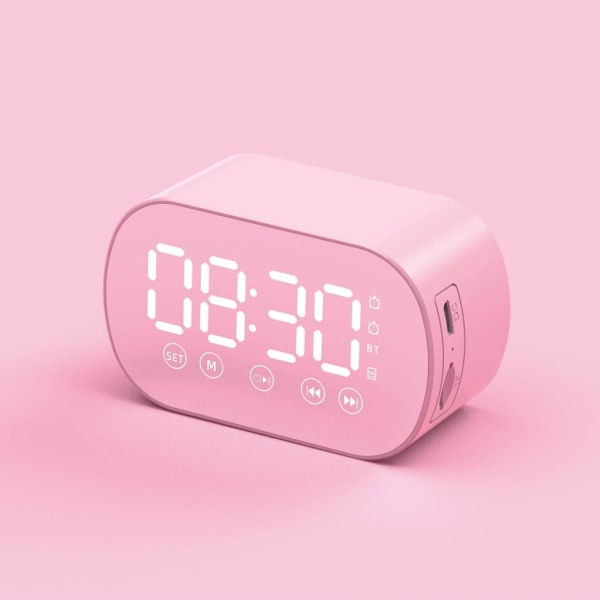 Trådløs Bluetooth-højttaler med FM-radio Mini bærbart kort Spejl Vækkeurlyd Dobbelt vækkeurindstillinger for alle telefoner i hjemmet[HkkK] Pink