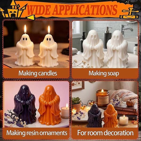 Halloween Ghost Silikonljusformar, 4 st 3D Ghost Hartsformar för ljustillverkning, tvål, aromaterapivax White