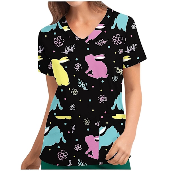 Kvinnor Påsktryck Medicinska Arbetskläder Vårduniform Kortärmad Fickor Toppar T-shirt[HK] 2XL Black