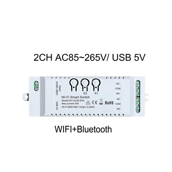 2ch Wifi Smart Switch Tee itse ajastinsovellus 85-265v USB 5v 2.4g Wi-Fi Home Automation Module Alexa Googlille ([HK])