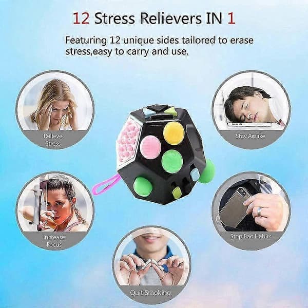 12-sidet Fidget Cube til stresslindring og afslapning - Perfekt gave til voksne og børn[HK] Black
