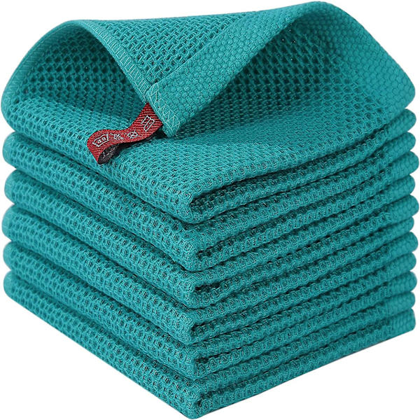 HK 4/6-pak bomullsvåffelvävda kökshanddukar, ultramjuka absorberande snabbtorkande diskhanddukar Blue-green 34*34cm