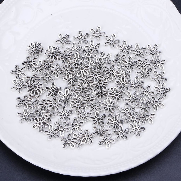 100 st Blomformade pärlor Handgjorda antika silver spacer pärlor gör-det-själv hantverk
