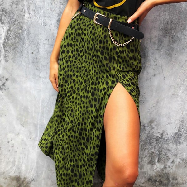 Sexig sidosprund midikjol för damer, hög midja A-linje midikjol för strand, dejt, fest, semester [HK] L Green Leopard Print