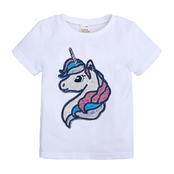 Kids Glitter Unicorn Top Grills Kortärmad T-shirt Barn-Tshirt För Baby Barn Skjortor[HK] White 90