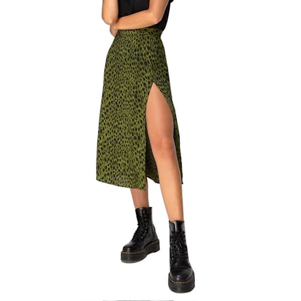 Sexig sidosprund midikjol för damer, hög midja A-linje midikjol för strand, dejt, fest, semester [HK] L Green Leopard Print
