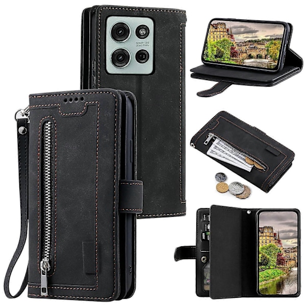 For Motorola Moto G75 5G Deksel PU Lær Telefondeksel med Glidelås Lommebok 9 Kortspor -[HK] Black Multicolor