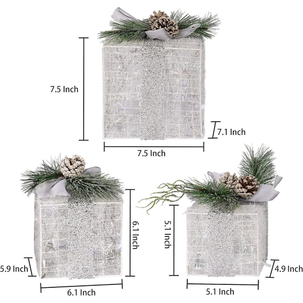 Set med 3 julbelysta presentaskar, förbelysta med 60 LED-lampor, presentaskar med ornament för utomhusbruk, varmt vitt [HK] Warm White