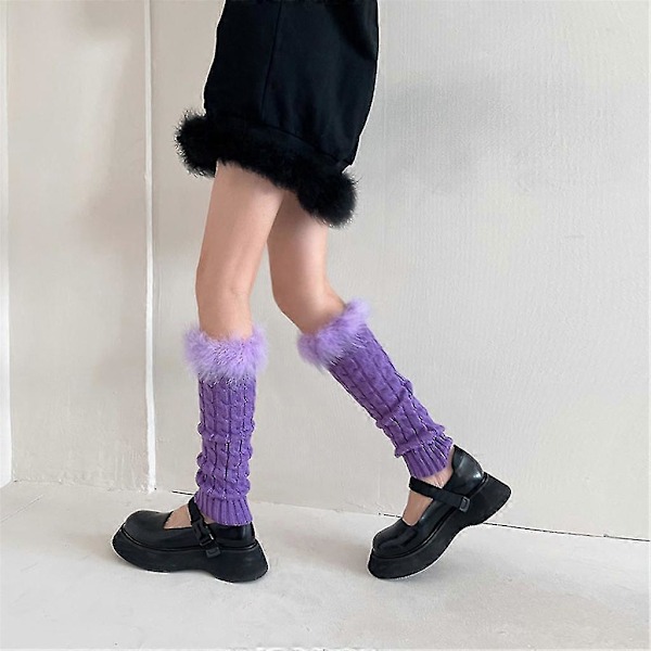 Afslappede benvarmere til kvinder Harajuku Furry Plys Patchwork Fodbetræk Lægsokker[HK] Purple