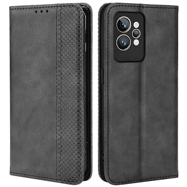 Til Realme GT2 Pro Præget Mosaikmønster PU Læder Etui Stand Funktion Wallet Magnetisk Absorption Stødsikker Beskyttende Telefon Cover[HK] Black