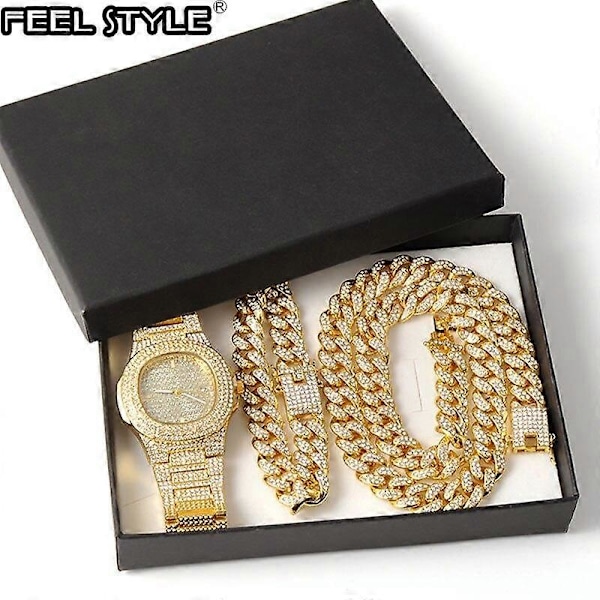 Barsinfi pol Guldkæde Ur og Armbånd Kæde Miami Curb Imitation Diamant Indlejret Smykker CZ til Mænd[HK] Color Silver Chains 50cm