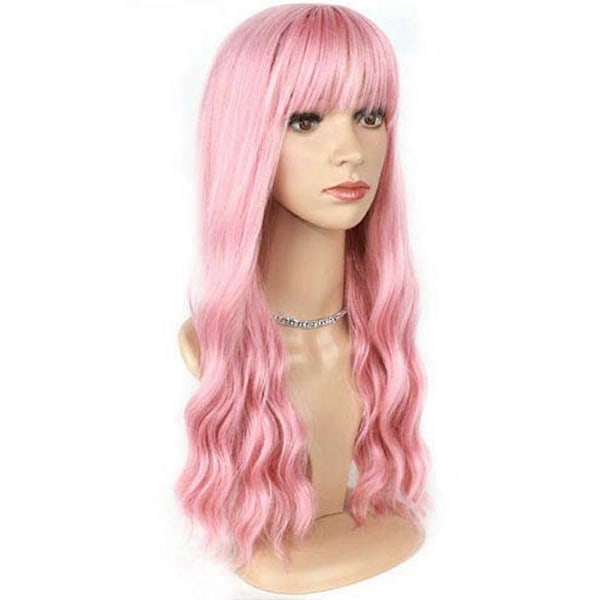 Rosa Peruk med Lugg Lång Vågig Peruk med Luftlugg Silkeslen Full Värmebeständig Peruk Hårersättning Nat[HK] Pink