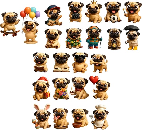 Mops-adventskalender 2026 – 24 miniatyrfigurer, 3D (HK)