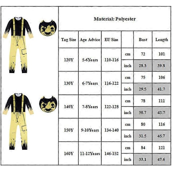 Børn Bendy And The Ink Machine Kostume Cosplay Jumpsuit Maske Prop[HK] 11-12 Years