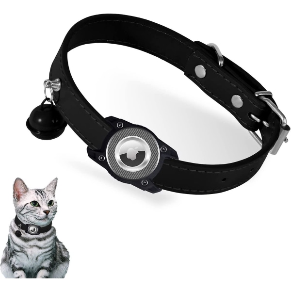 AirTag katthalsband, justerbart läder Gps katthalsband för pojke flicka katter Valpar med AirTag hållare och klocka[HK] Black