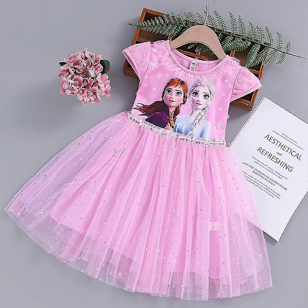 Barn Jenter Frost Elsa Anna Prinsesse Korte Ermer Tyll Tutu Kjole Cosplay Kostyme Dress Up[HK] Pink 4-5 Years