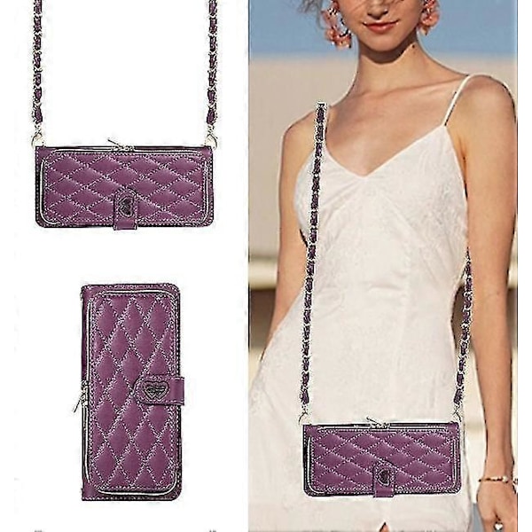 Crossbody Lanyard Dragkedja Läder Z Fold 5 Fodral, Fodral Kompatibelt Samsung Galaxy Z Fold 5 Lyxigt Handledsrep Flip Ställskydd [HK] Dark purple