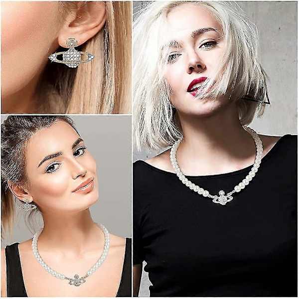 3 stk. Saturn Kunstig Rhinestone Perlehalskæde Sæt Hvide Krystal Smykker Dame[HK]