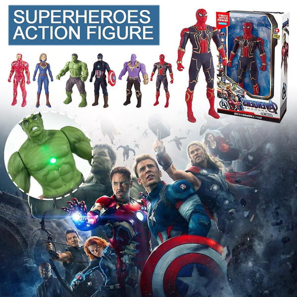 Avengers-figurer i plast, modell Iron Man Spiderman superheltlysende figurleke, gaver til gutter [HK] C