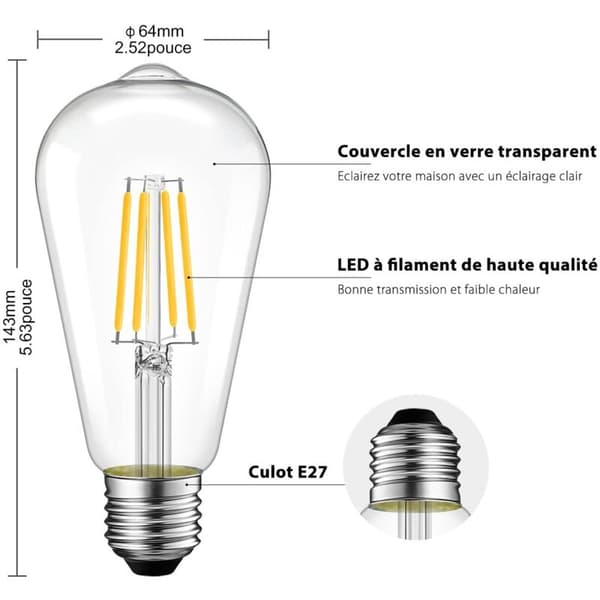 E27 ST64 4W LED-glödlampa, varmvit 3000K, retrostil, ej dimbar, 6-pack[HK]