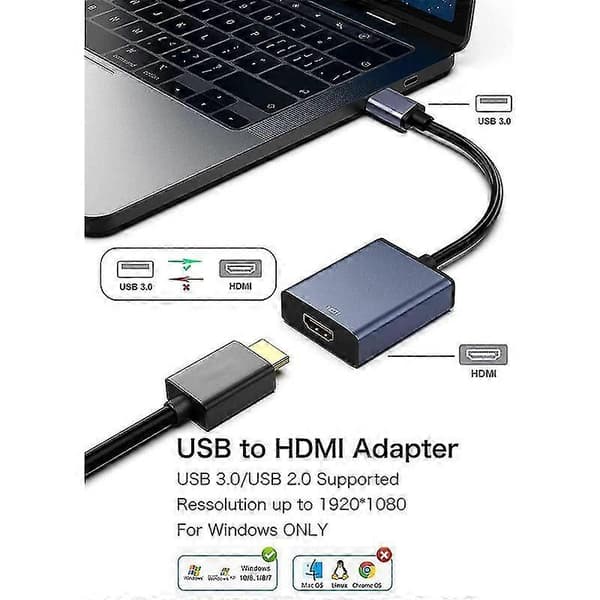 USB til HDMI-adapter, USB 3.0 til HDMI for flere skjermer 1080p høy kvalitet [HK] Silver