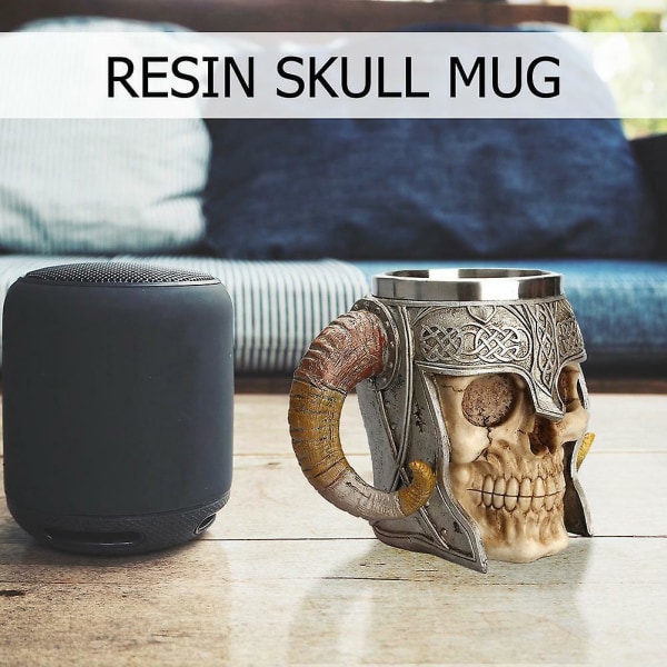 3d Rostfritt stål Skull Cup Viking Ram Horn Warrior Skull Beer Kaffemugg 600ml[HK]