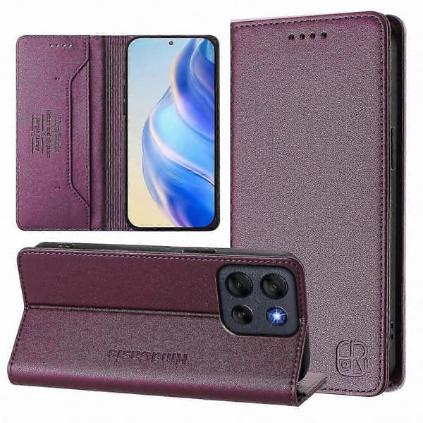 Läderfodral med RFID-blockering och plånboksstativ för Moto G56 5G[HK] Violet
