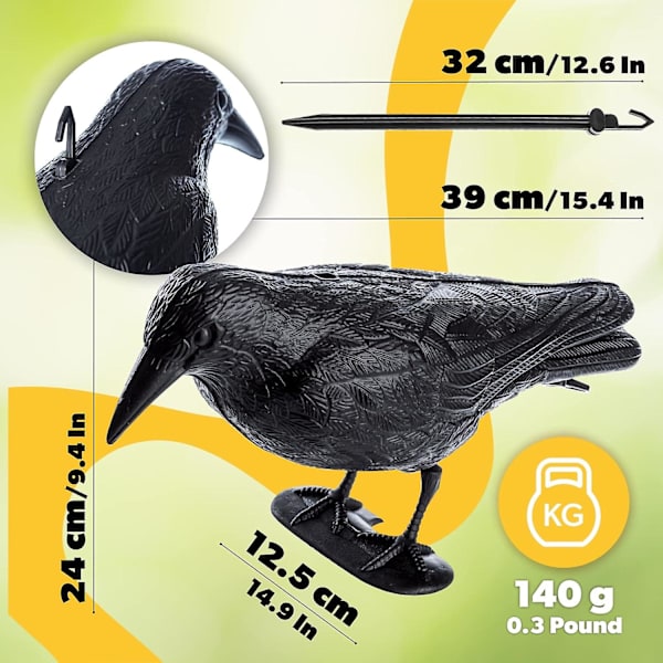 Plastik Sort Ravn, 39 X 24 Cm, Due Repellent Med Hængende Krog, Havefugleskræmmer Med Stativ, Effektiv Fugleafskrækker Til Balkon[HkkK]