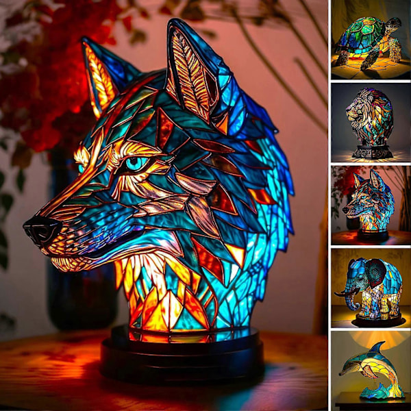 Animal Bordlampe Farvet Glas Natlampe Retro Skrivebordslamper Julegave 2024[HK] Wolf