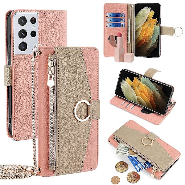För Samsung Galaxy S21 Ultra 5G Mobilskal PU Läder Dragkedja Sminkspegel Plånboksfodral - Vit[HK] Style E Samsung Galaxy S21 Ult Pink