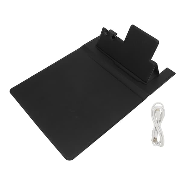 Sort USB-musemåtte med trådløs opladning og foldbar telefonholder til PC, bærbar computer og skrivebord